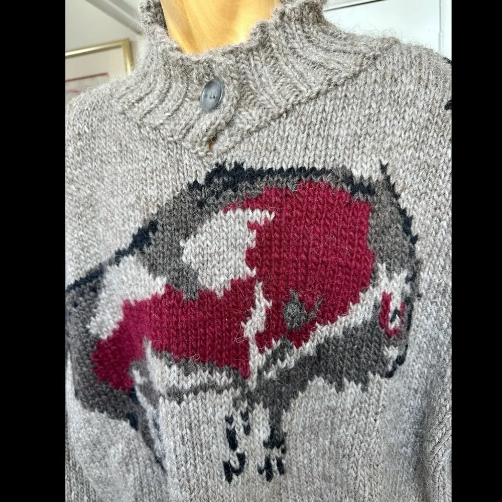 VINTAGE 1990s HANDKNIT ICELANDIC WOOL MENS SWEATER PREHISTORIC CAVE PAINTING XXL - Picture 2 of 8